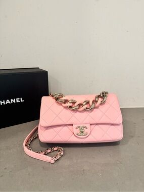 CHANEL Pink Quilted Lambskin Flap Bag Bag with Gold Chain